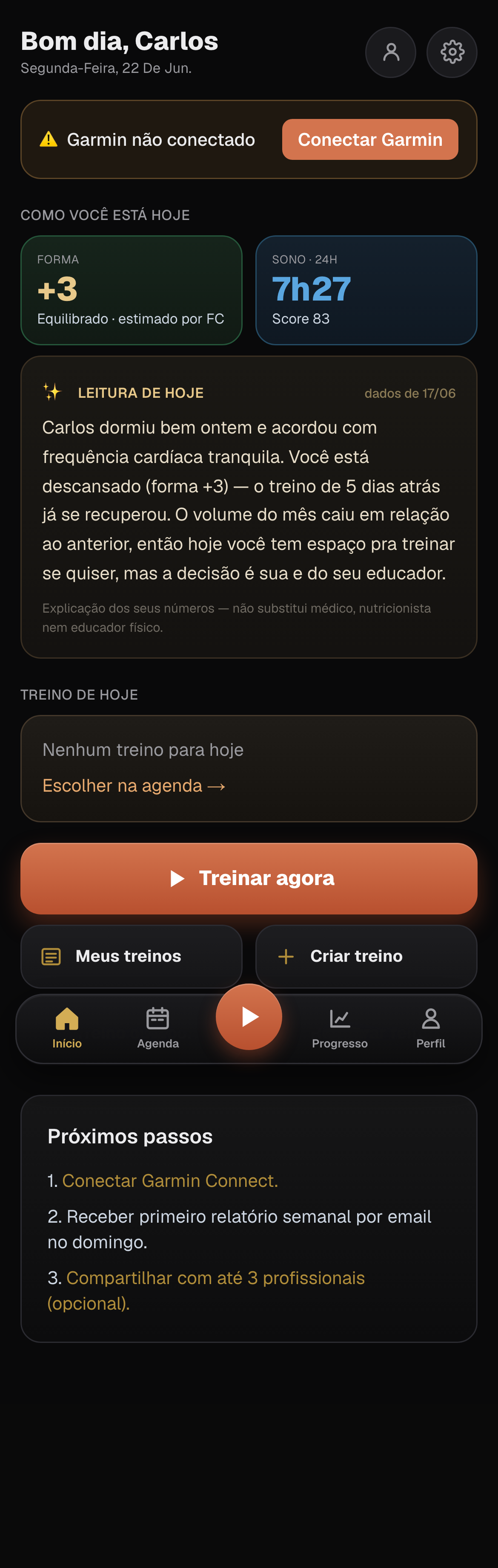 Tela inicial do ATP Training com forma, sono e leitura do dia