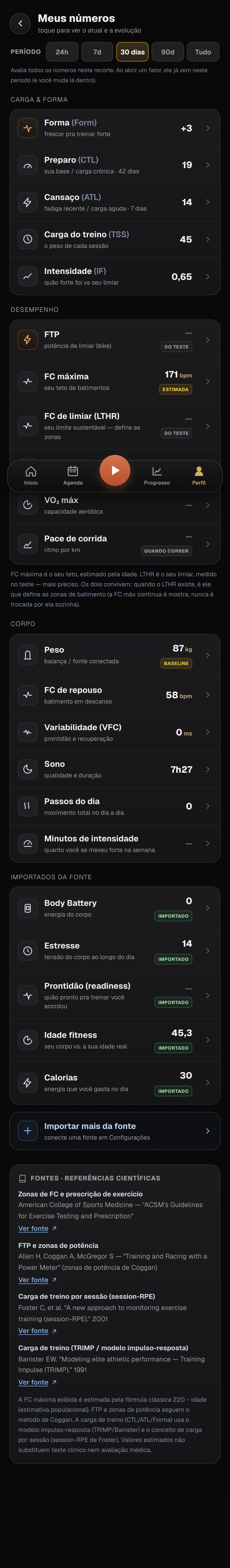Tela de números do atleta (FTP, limiar)