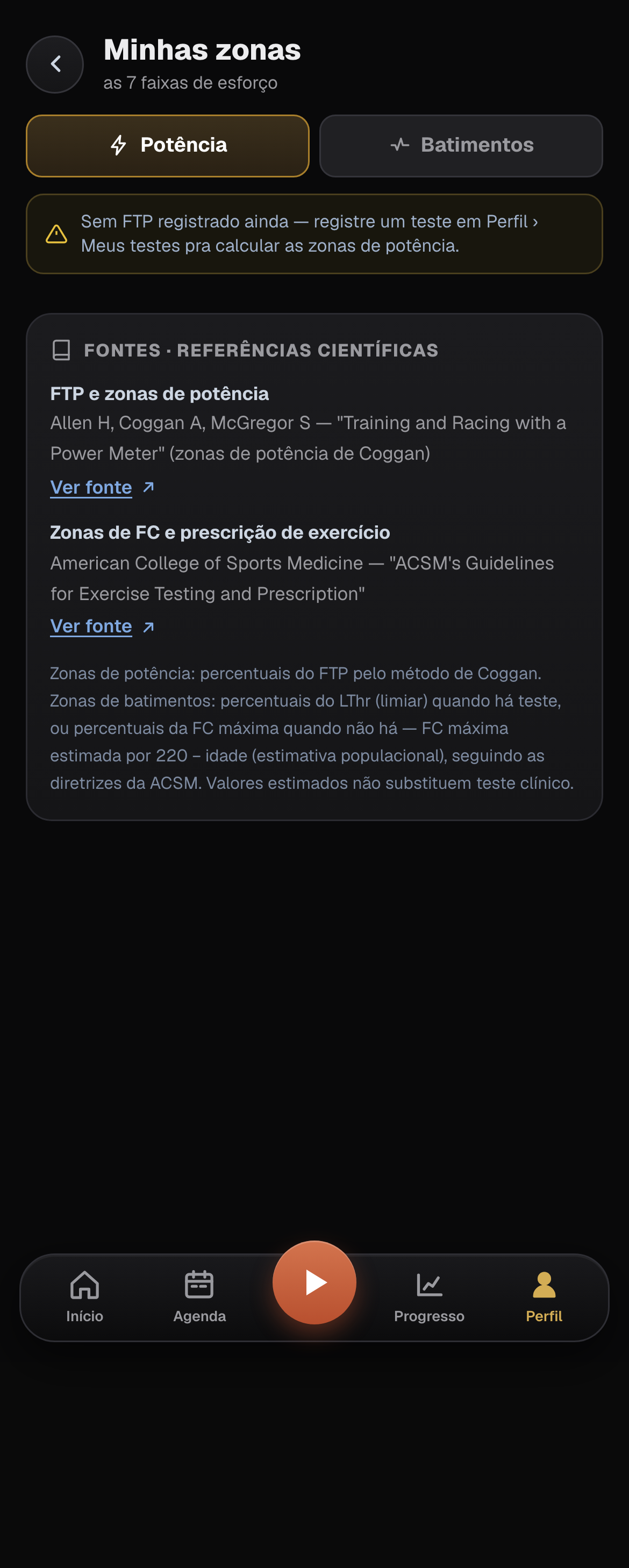 Tela de zonas de treino com régua de cores