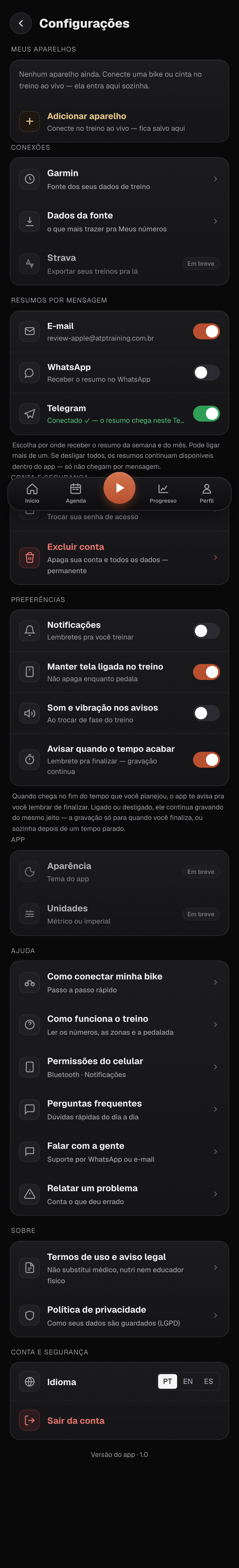 Tela de configurações