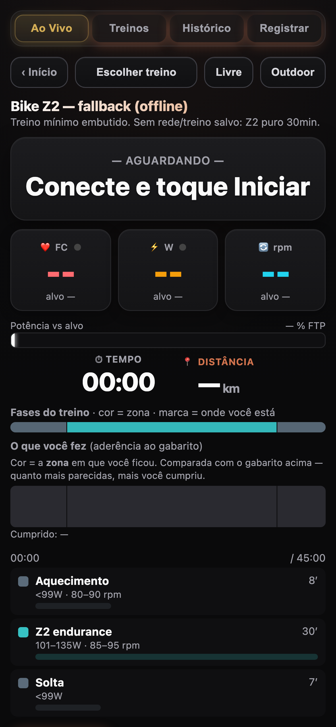 Tela de treino ao vivo com frequência, watts e cadência